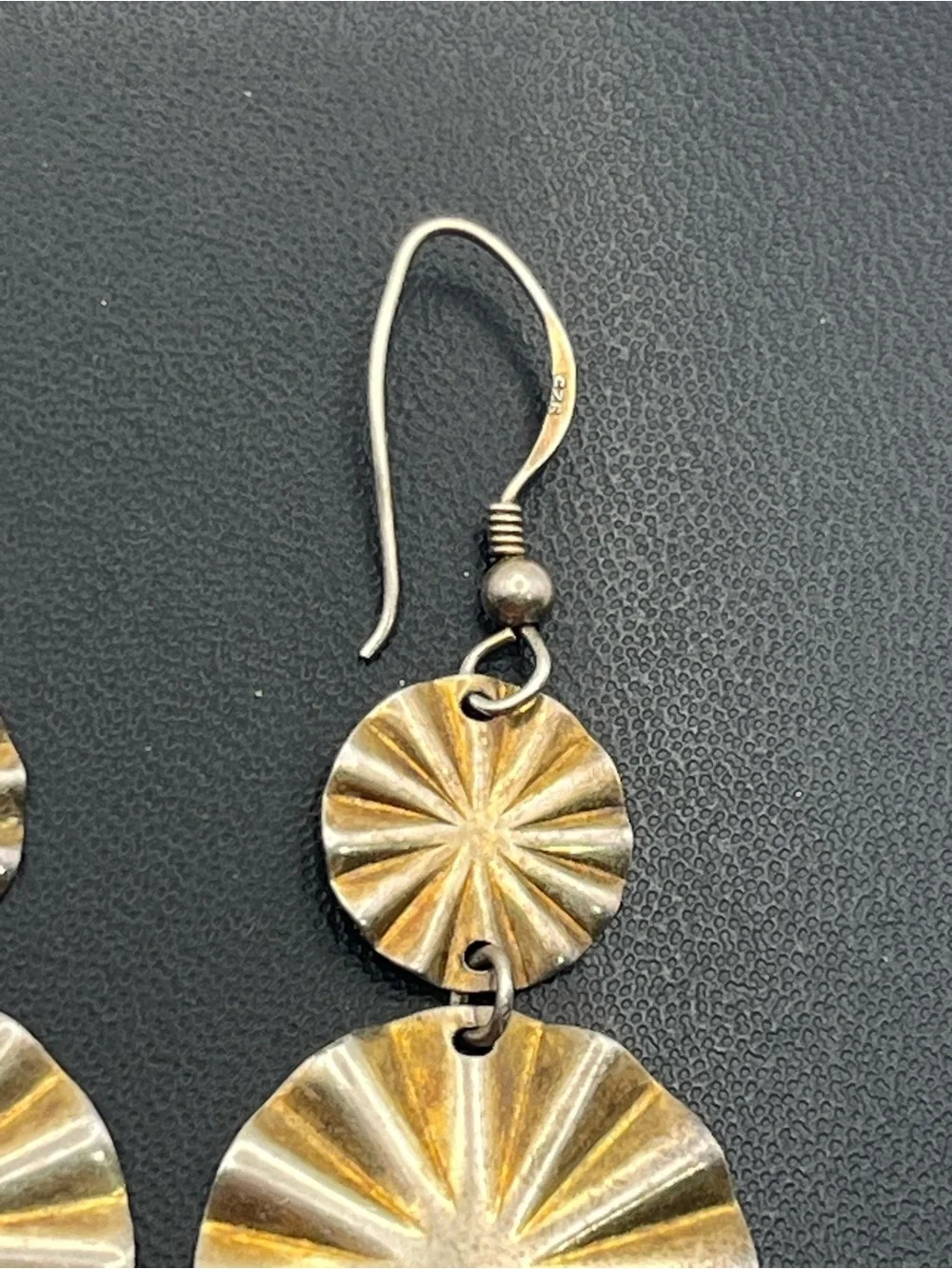 Gold washed sterling silver textured round scalloped dangle vintage earrings